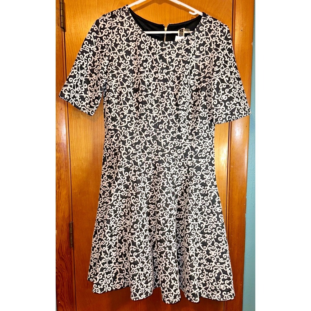 Julian Taylor Black Ivory Scroll Print Fit & Flare Short Sleeve‎ Dress 14